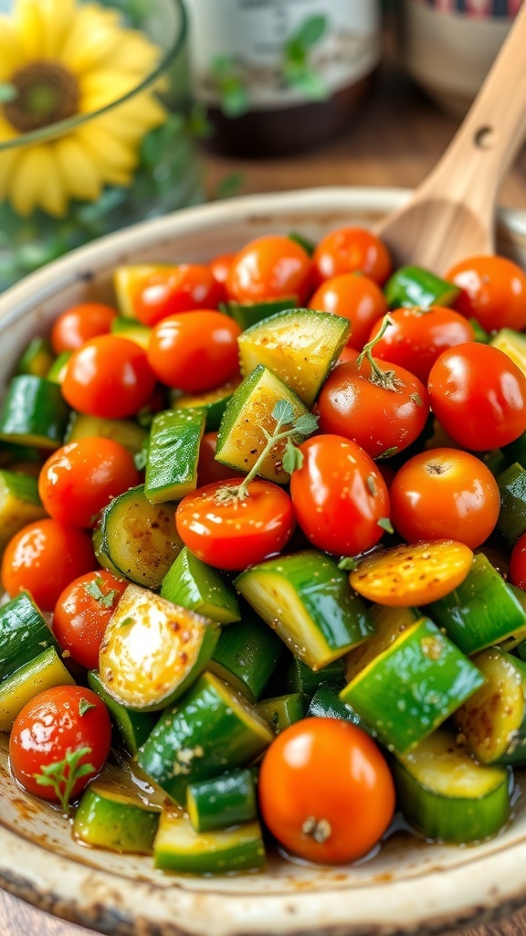 Sautéed zucchini and cherry tomatoes in a bowl, garnished with herbs, on a rustic kitchen table.